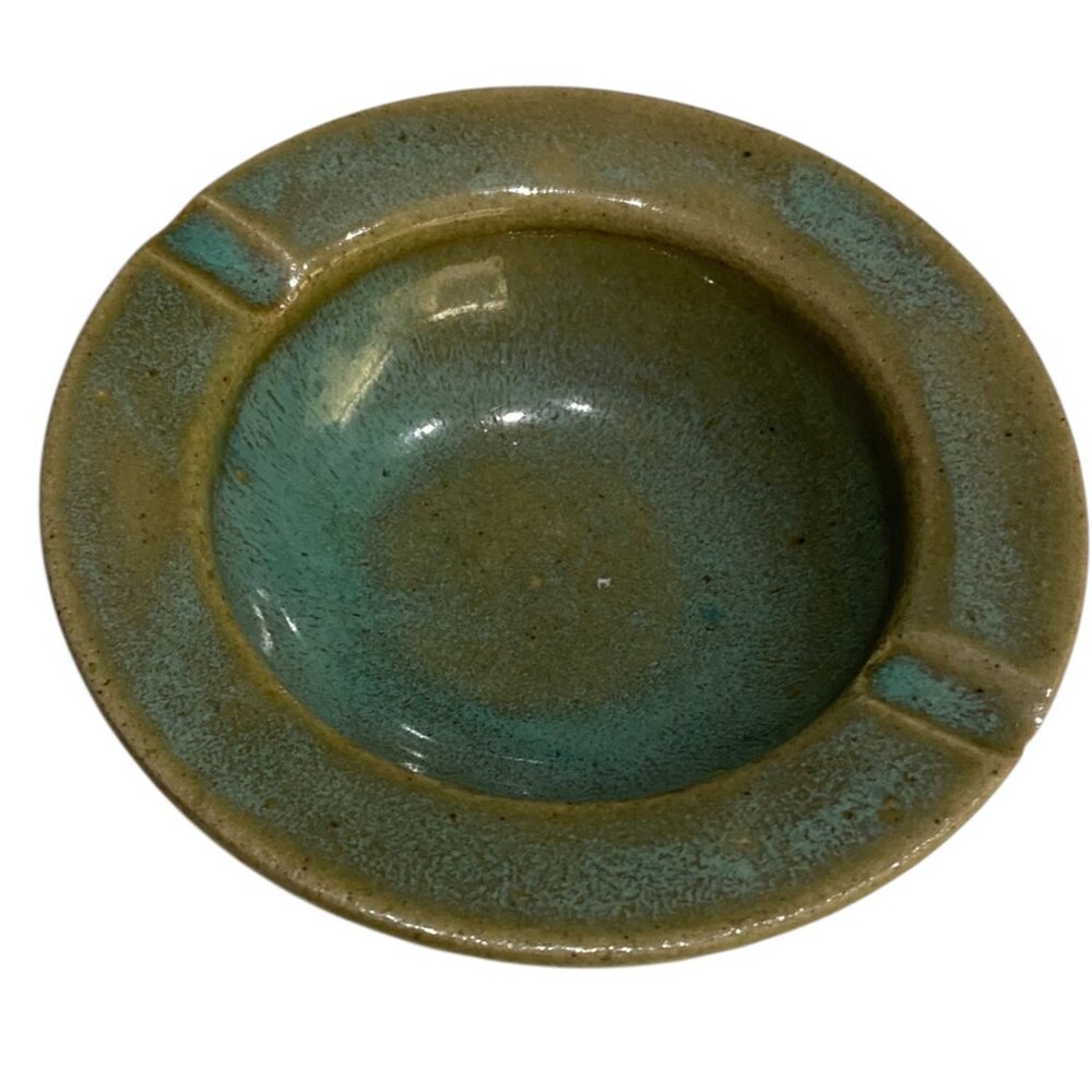 Ceramic Ashtray Turquoise Green Glazed Pottery Round Dish Vintage Handmade